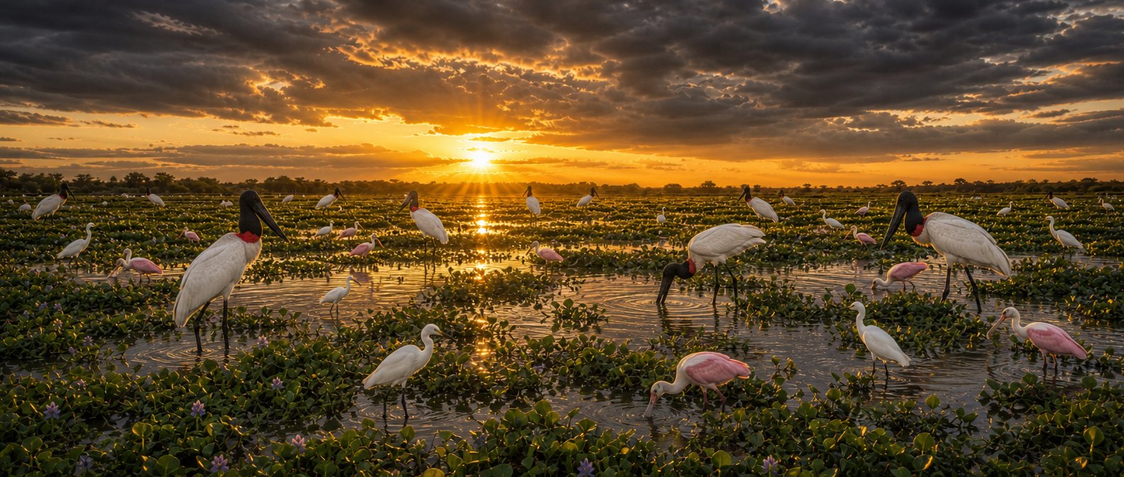 Sunrise over the flooded Pantanal marsh