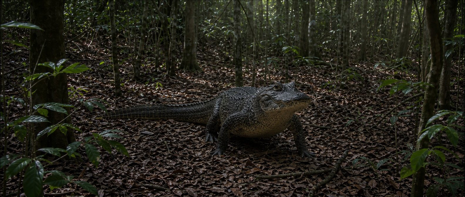 A lone caiman on the forest floor