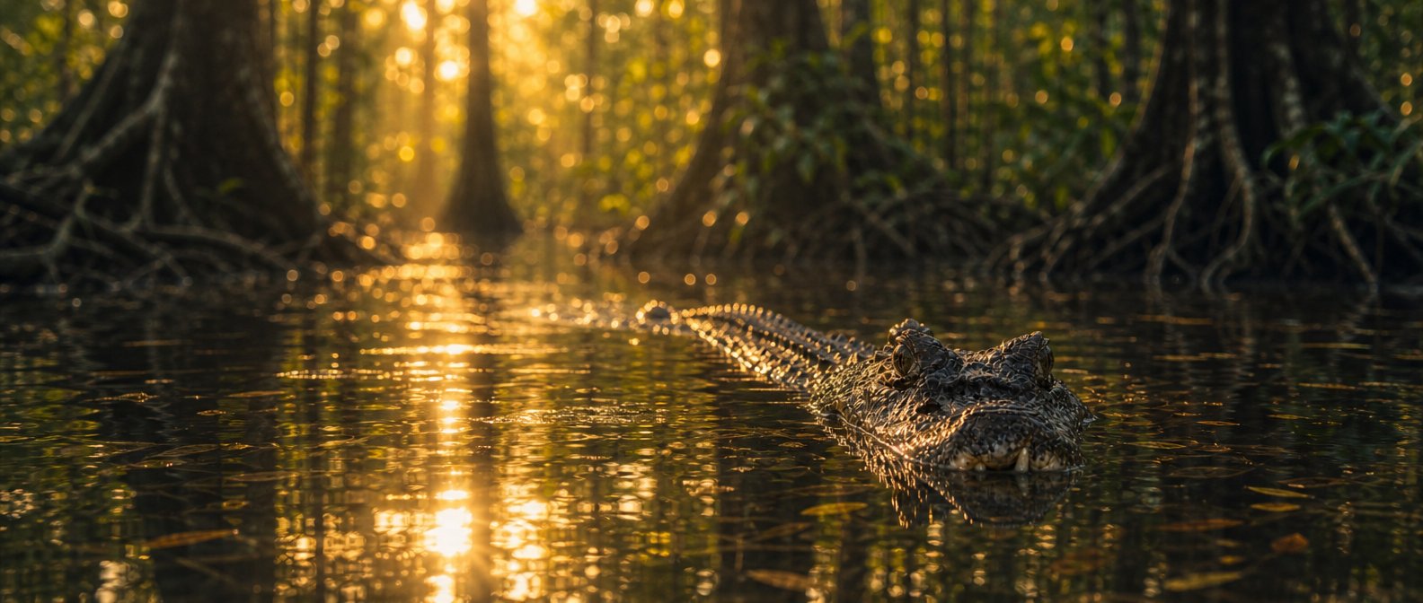 Akam swimming through the golden, flooded forest of the Pantanal
